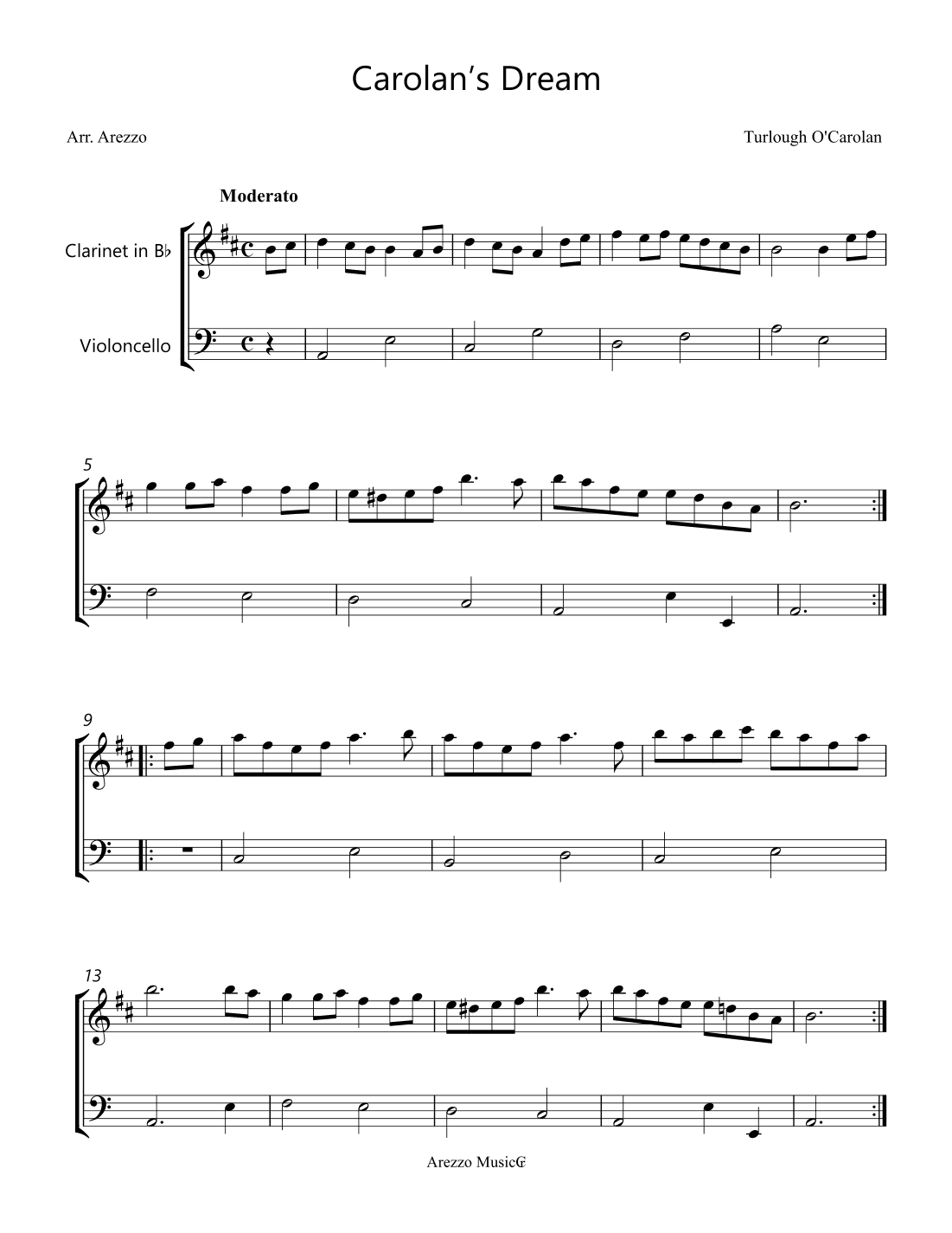 carolan’s dream clarinet and cello sheet music (arr. Arezzo Music)