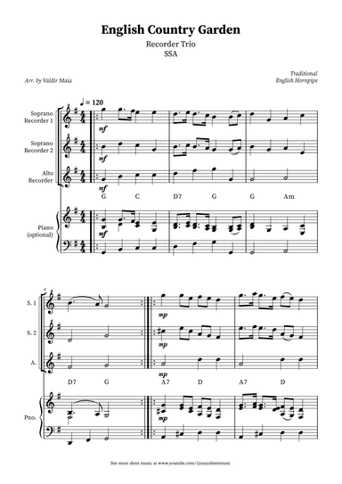 English Country Garden – Recorder Trio Sheet Music (2 Soprano Recorders, 1 Alto + Optional Piano) (arr. Valdir Maia)