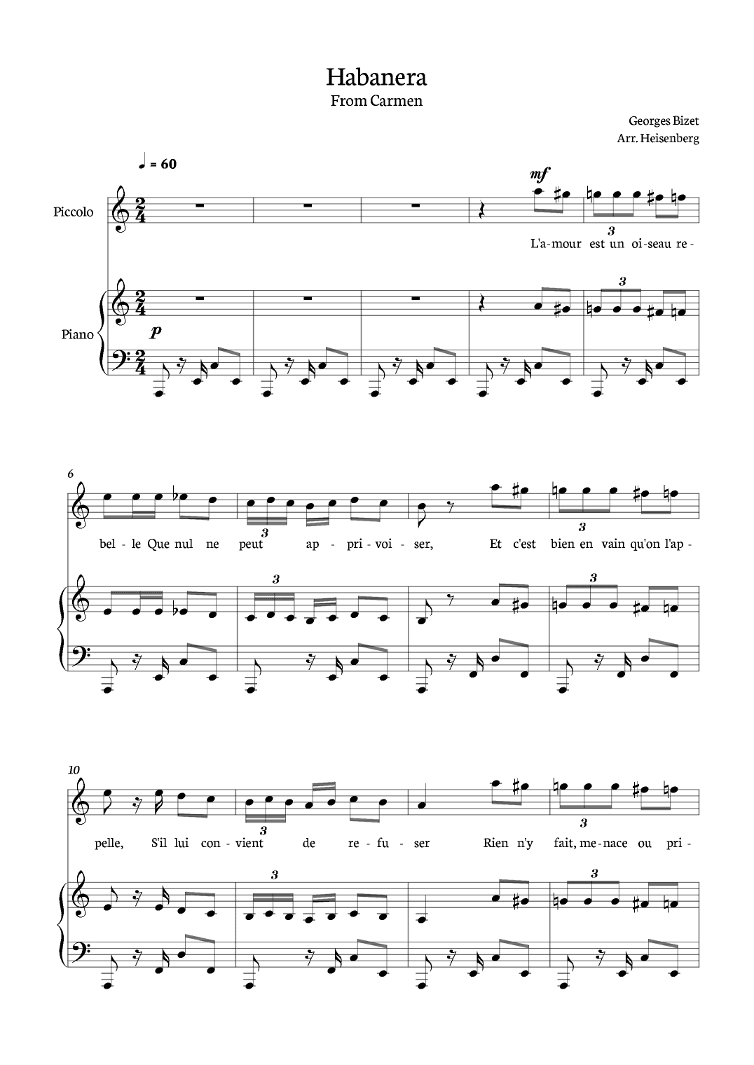 Habanera from Carmen for Piccolo with piano. (arr. Heisenberg)