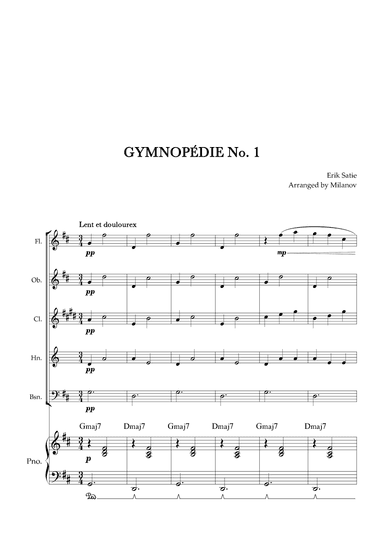 Gymnopédie no 1 | Woodwind Quintet | Original Key | Chords | Piano accompaniment |Easy intermediate (arr. Milanov)