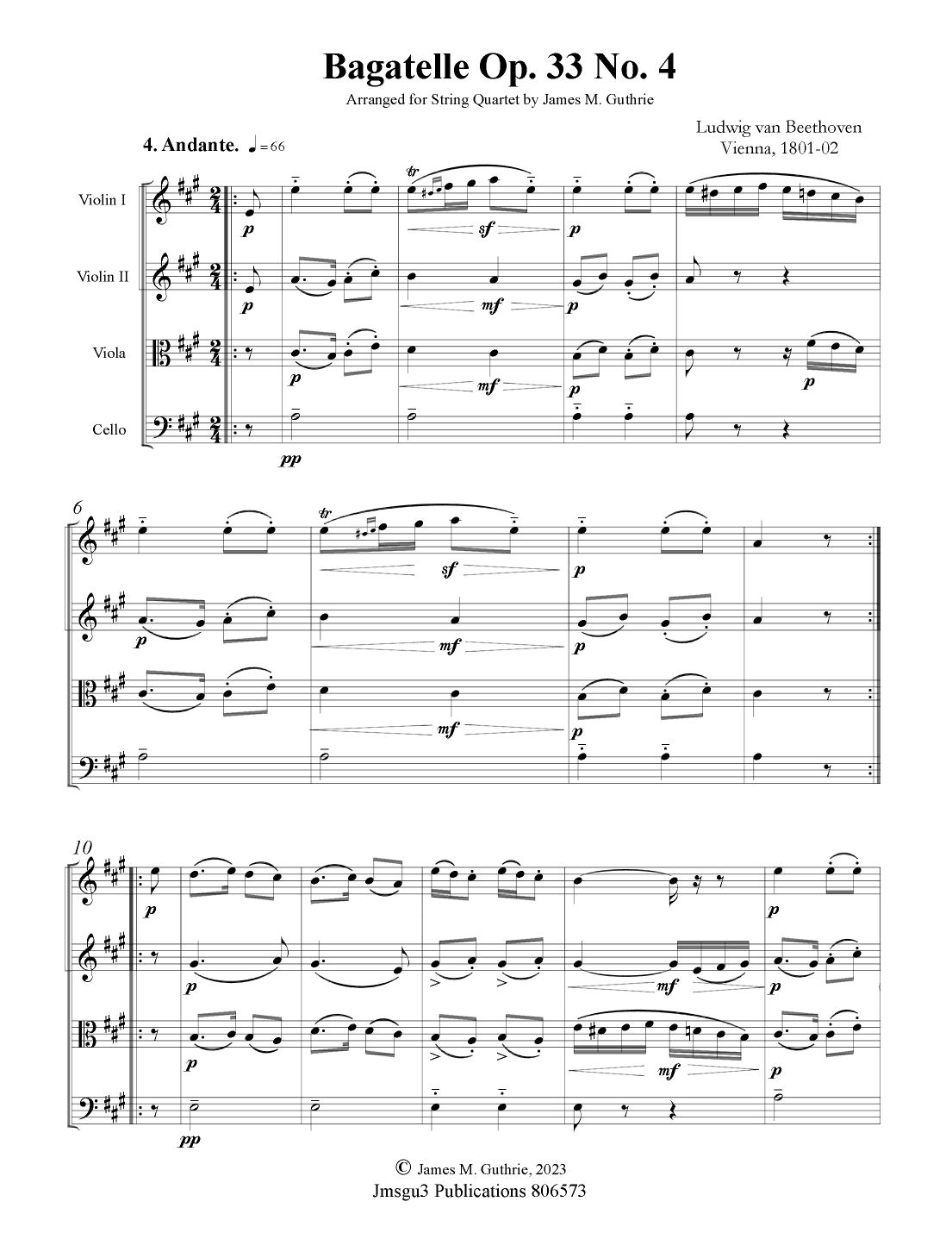 Beethoven: Bagatelle Op. 33 No. 4 for String Quartet (arr. James M. Guthrie, ASCAP)