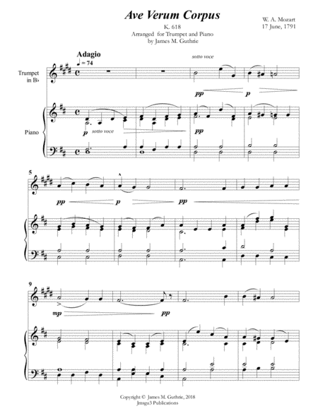 Mozart: Ave Verum Corpus for Trumpet & Piano (arr. James M. Guthrie, ASCAP)