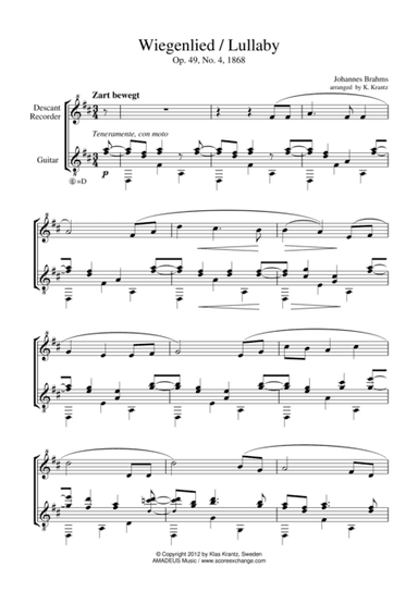 Wiegenlied / Lullaby Op. 49 No. 2 for recorder and guitar (arr. K. Krantz)