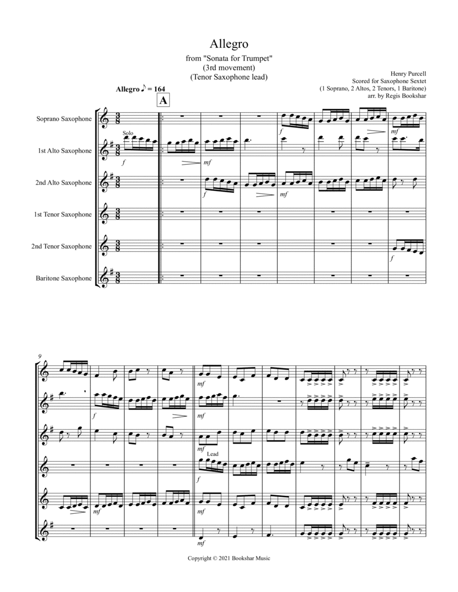 Allegro (from "Sonata for Trumpet") (Bb) (Saxophone Sextet - 1 Sop, 2 Alto, 2 Tenor, 1 Bari) (Tenor (arr. Regis Bookshar)