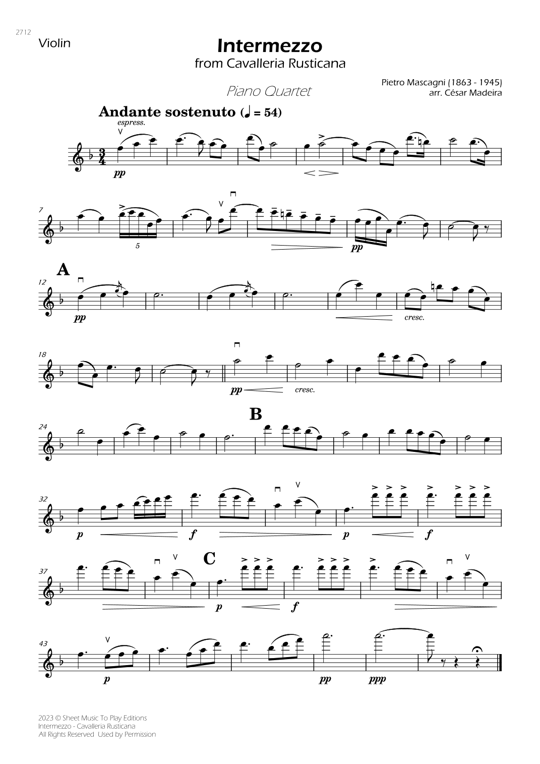 Intermezzo from Cavalleria Rusticana - Piano Quartet (Individual Parts) (arr. César Madeira)