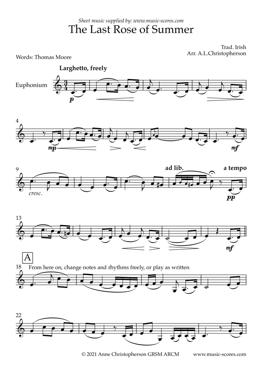 The Last Rose of Summer - Unaccompanied Euphonium (arr. Anne L Christopherson GRSM ARCM)
