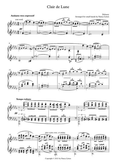Clair de Lune, Debussy (for smaller hands) (arr. Nancy Litten)