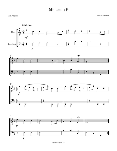leopold mozart minuet in f sheet music for flute and bassoon (arr. Arezzo Music)