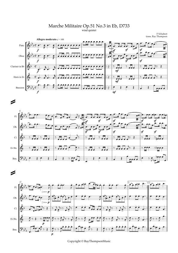 Schubert: Marche Militaire Op.51 No.3 in Eb  D733 - wind quintet (arr. Ray Thompson)