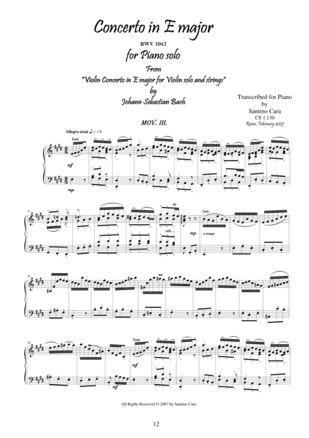J.S-Bach - Violin Concerto in E major BWV 1042 - Piano solo - 3° mov. Allegro assai (arr. Santino Cara)