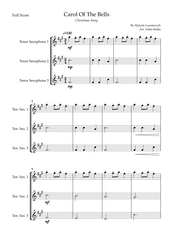 Carol Of The Bells (Christmas Song) for Tenor Saxophone Trio (arr. Fabio Britto)