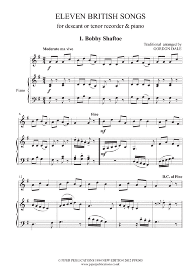DALE ELEVEN BRITISH SONGS FOR RECORDER & PIANO (arr. Piper Publications)
