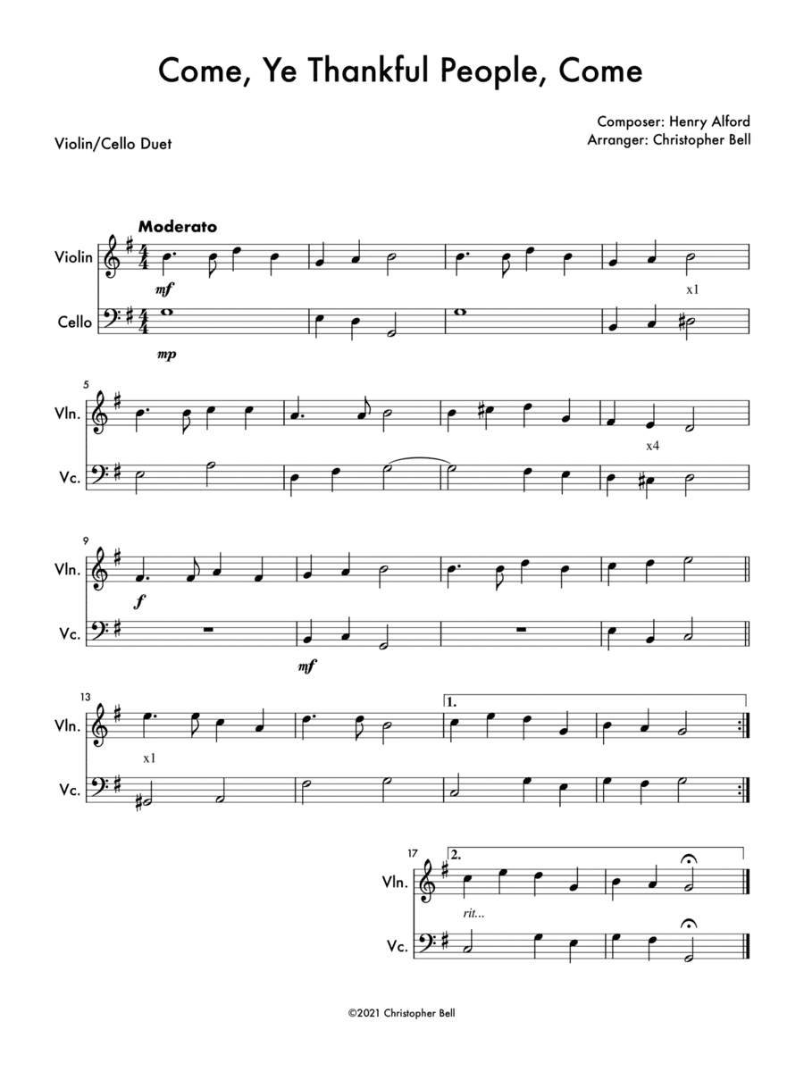 Come, Ye Thankful People, Come - Violin/Cello Duet (arr. Christopher Bell)
