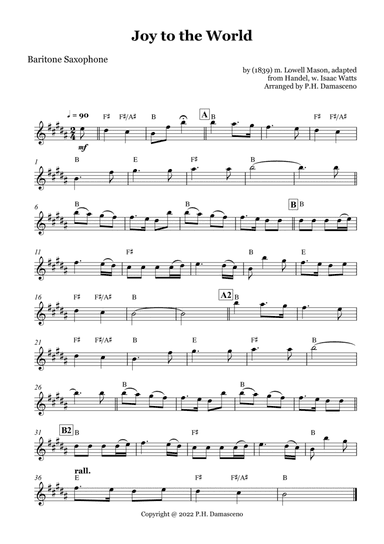 Joy to the World - Baritone Saxophone Solo with Chords (arr. P.H. Damasceno)