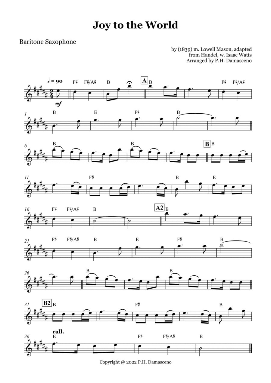 Joy to the World - Baritone Saxophone Solo with Chords (arr. P.H. Damasceno)