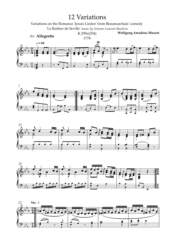 Mozart K.354/K354-Variations on the Romance 'Jesuis Lindor' from Beaumarchais' comedy 'Le Barbier de (arr. Mozart)