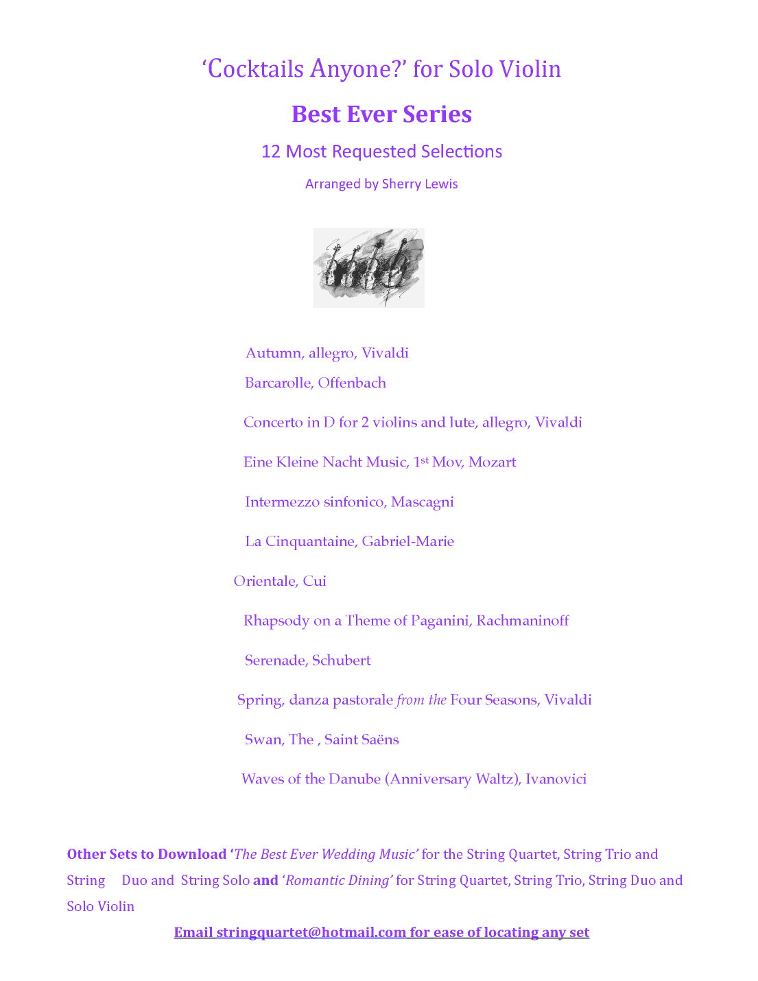 SOLO VIOLIN MUSIC COLLECTION SET 12 SELECTIONS  FOR  COCKTAIL TIME AND RECEPTIONS (arr. Sherry Lewis)