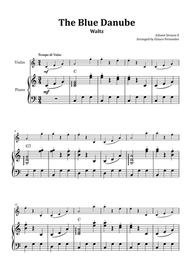 The Blue Danube - Violin and Piano with Chord Notations (arr. Glauco Fernandes)