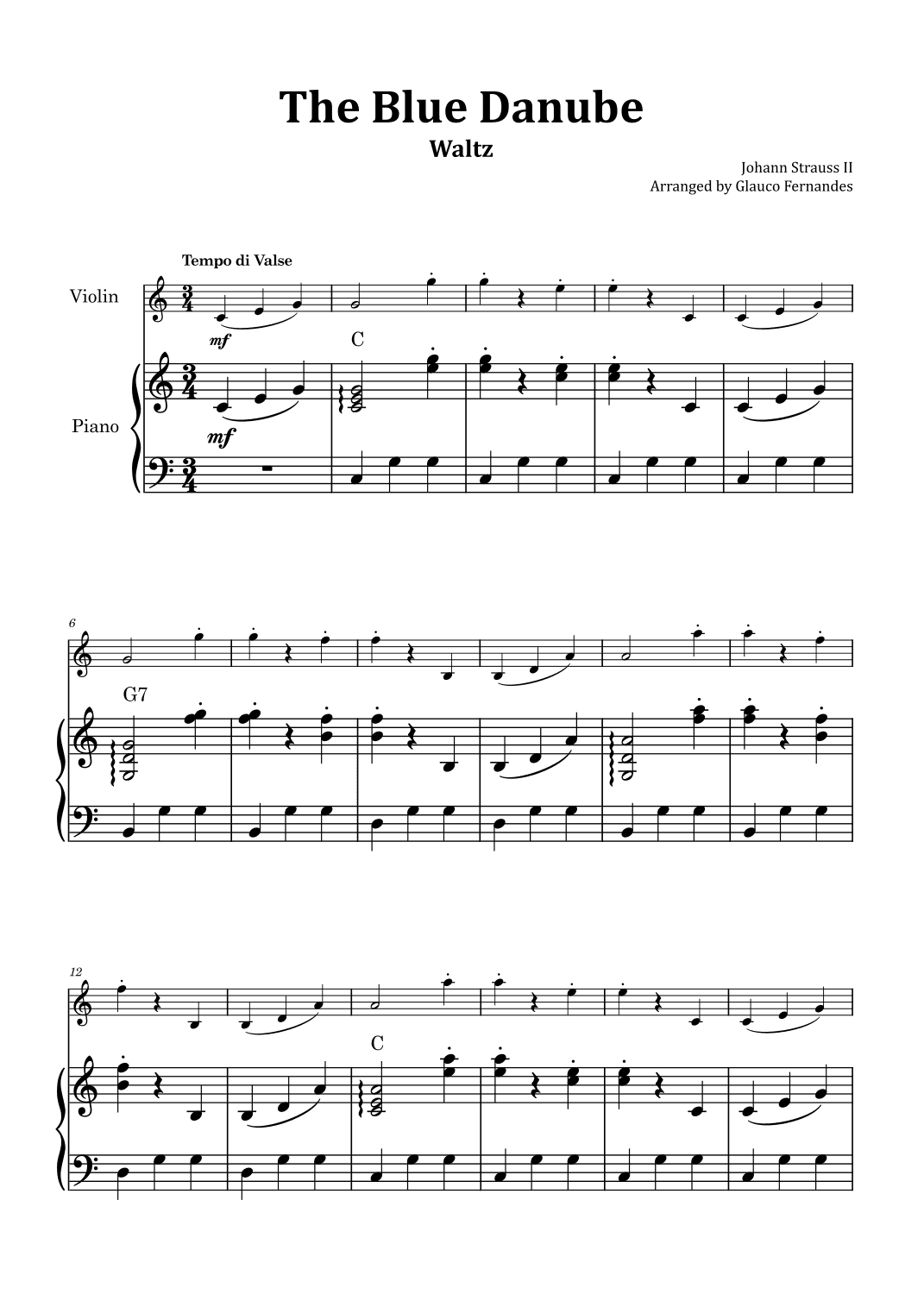 The Blue Danube - Violin and Piano with Chord Notations (arr. Glauco Fernandes)