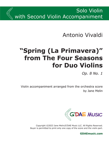 Vivaldi - "Spring" Violin Concerto in E major Op. 8 No. 1 - with Second Violin Accompaniment (arr. Jane Melin)