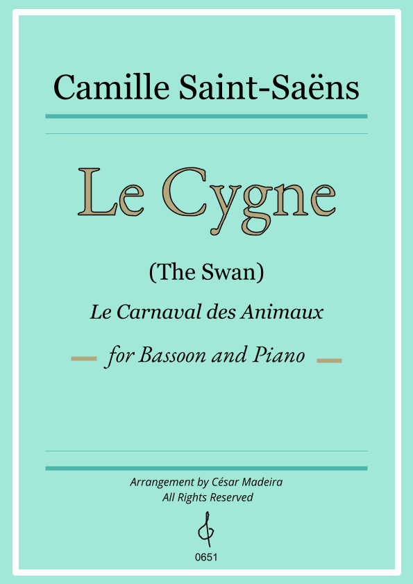 The Swan (Le Cygne) by Saint-Saens - Bassoon and Piano (Full Score and Parts) (arr. César Madeira)