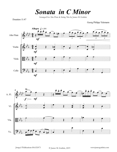 Telemann: Sonata in C Minor for Alto Flute & String Trio (arr. James M. Guthrie, ASCAP)