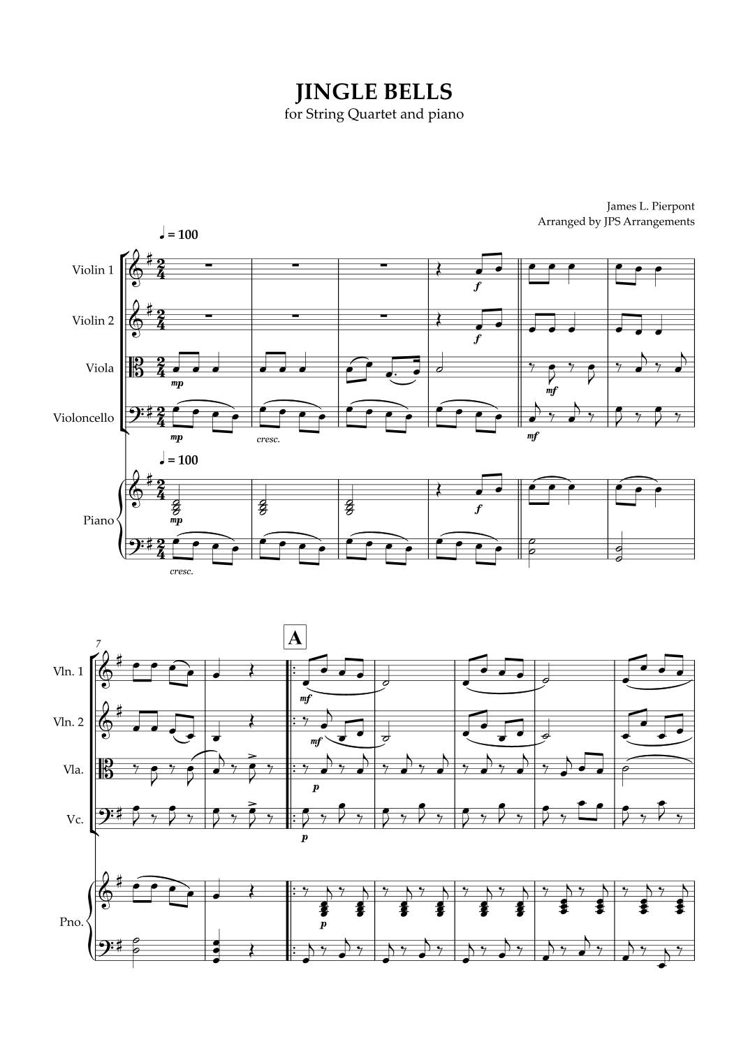 Jingle Bells for String Quartet in G major and piano (arr. Jps Arrangements)