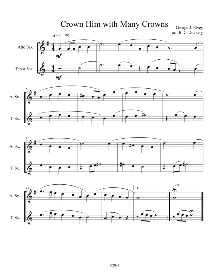 Crown Him with Many Crowns (alto and tenor sax duet) (arr. B. C. Dockery)