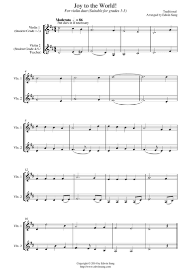 Joy to the World (for violin duet, suitable for grades 1-5) (arr. Edwin Sung)