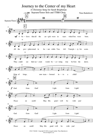 Journey to the Center of my Heart - Soprano or Tenor Solo and TTBB Choir