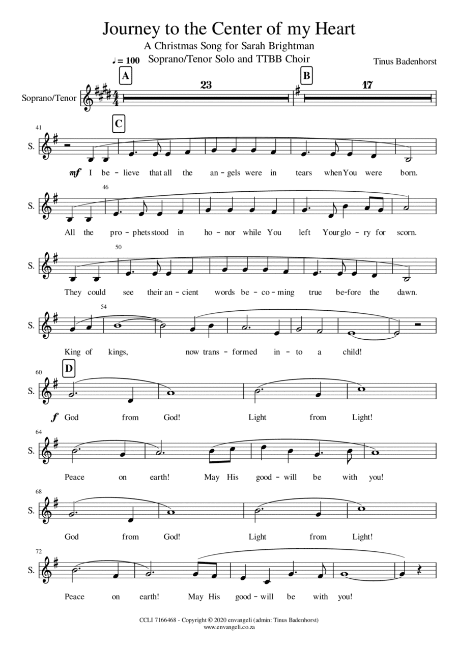 Journey to the Center of my Heart - Soprano or Tenor Solo and TTBB Choir