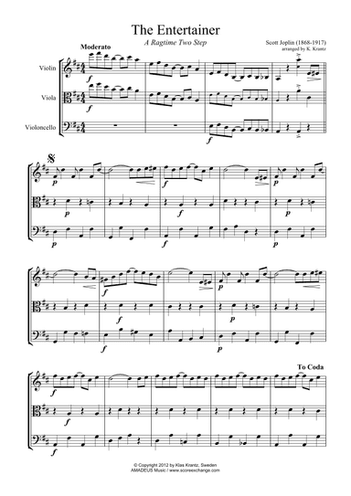 The Entertainer, Ragtime (easy, abridged) for string trio (arr. K. Krantz)