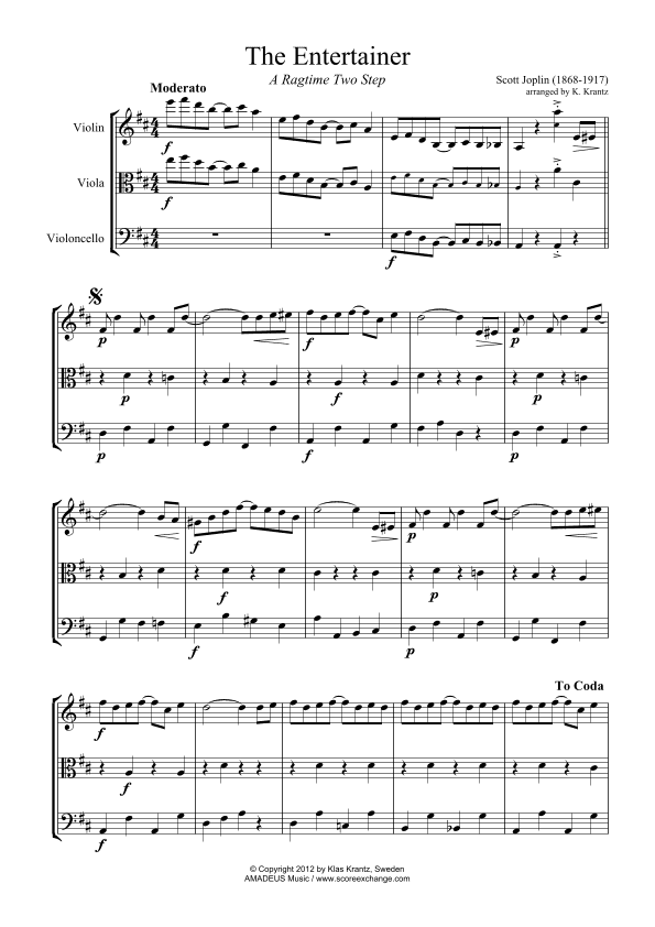 The Entertainer, Ragtime (easy, abridged) for string trio (arr. K. Krantz)