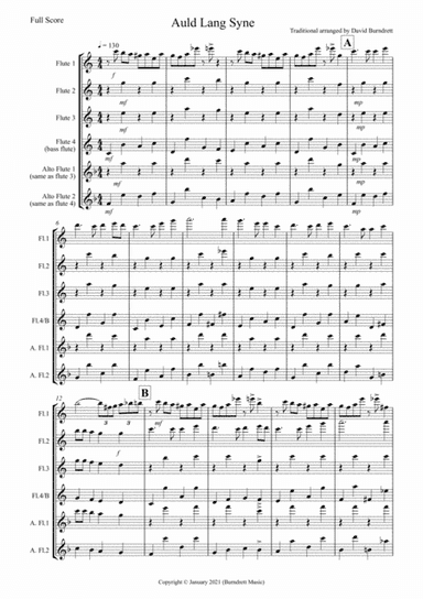 Auld Lang Syne (Jazzy Style!) for Flute Quartet (arr. David Burndrett)