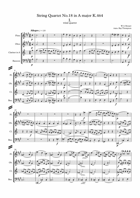 Mozart: String Quartet No.18 in A major K.464 Mvt.1 - wind quartet (arr. Ray Thompson)