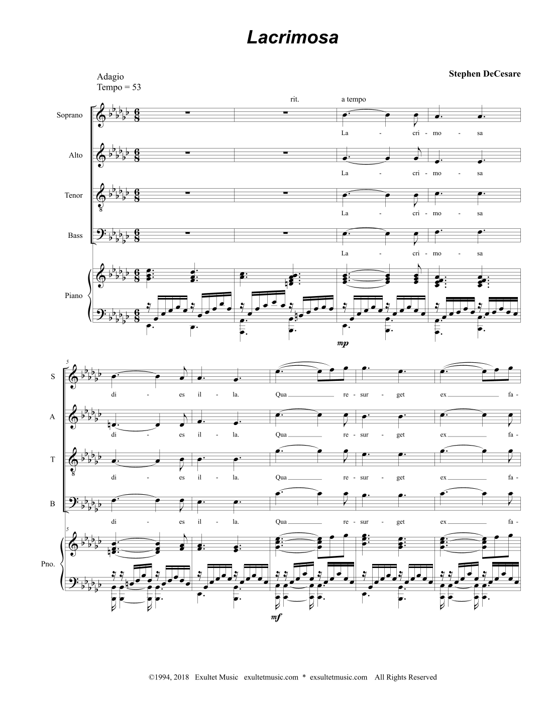 Lacrimosa (from "Requiem Mass" - Piano/Vocal Score)