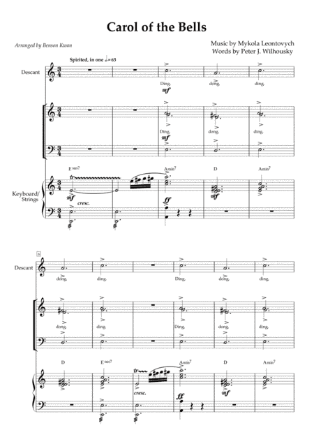 "Carol Of The Bells" - SAB choir with descant, keyboard, violin, sleigh bells (arr. Benson Kwan)