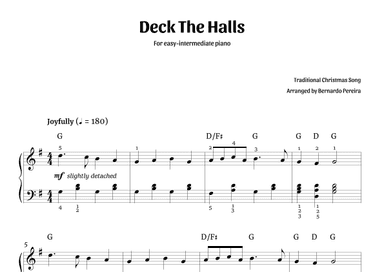 Deck The Halls (easy-intermediate piano – G major) (arr. Bernardo Pereira)
