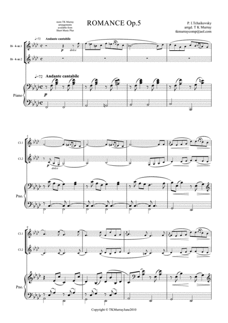Tchaikovsky - Romance Op.5 - 2 Clarinets & Piano (arr. Tim TK Murray)