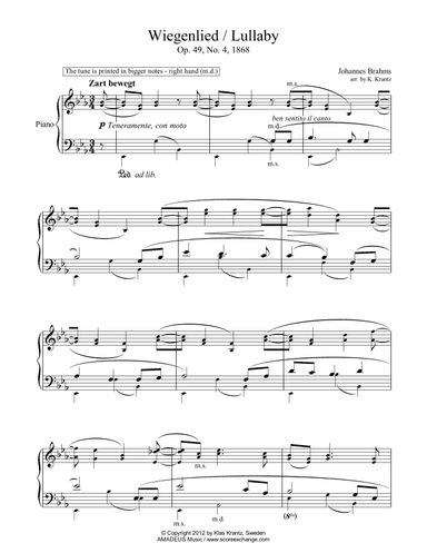 Wiegenlied / Lullaby Op. 49 No. 2 for piano solo (arr. Klas Krantz)