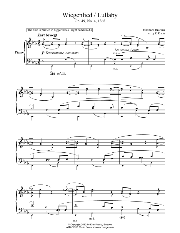 Wiegenlied / Lullaby Op. 49 No. 2 for piano solo (arr. Klas Krantz)