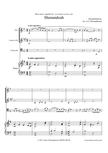 Shenandoah - Flute, Clarinet, Cello and Piano (arr. Anne L Christopherson GRSM ARCM)