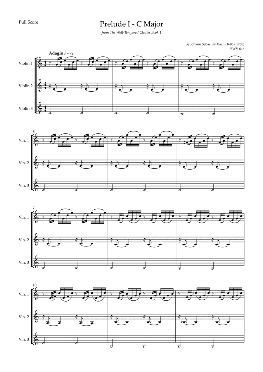 Prelude 1 in C Major BWV 846 (from Well-Tempered Clavier Book 1) for Violin Trio (arr. Fabio Britto)