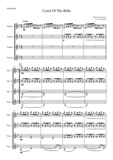 Carol Of The Bells (Mykola Leontovych) for Violin Quartet (arr. Fabio Britto)