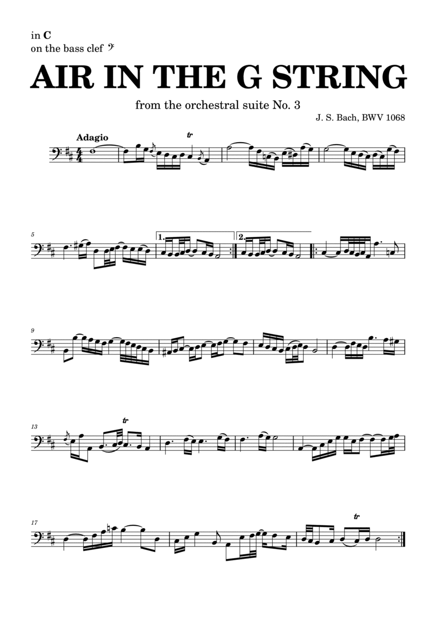Air on the G string in D, BWV 1068 (accompanied) - for C instruments in bass clef (arr. Leyandder Trustworthy)