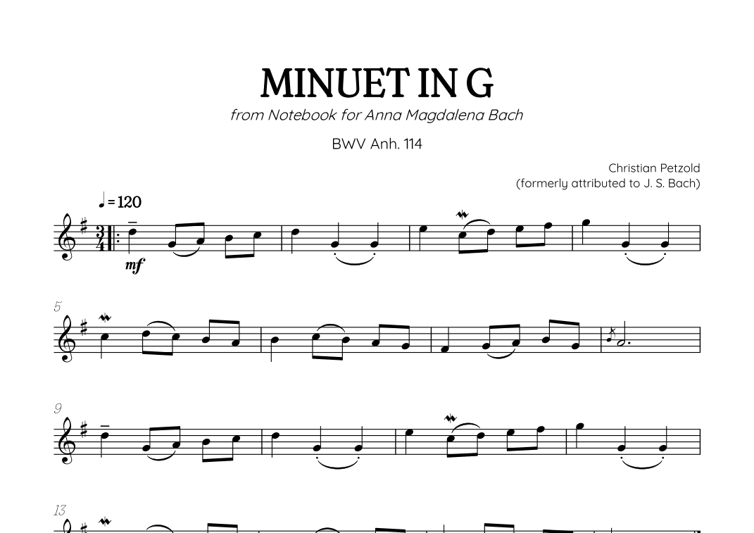 Petzold (Bach) Minuet in G BWV Anh 114 | flute solo (arr. Benzaiten Editions)