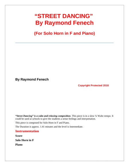 "Street Dancing" - For Solo horn in F and Piano - Early Intermediate/ Intermediate level