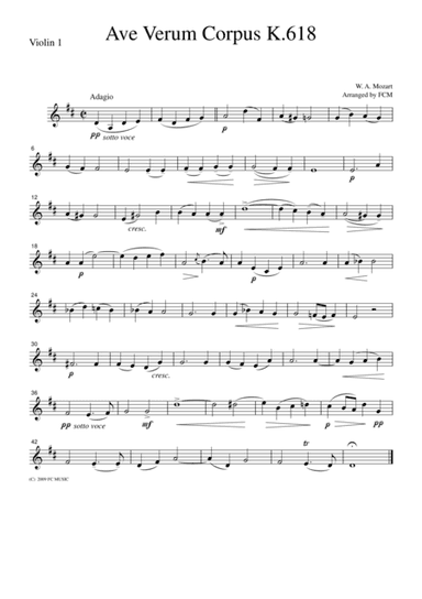 Mozart  Ave Verum Corpus K.618, for string quartet, CM019 (arr. FCMUSIC)