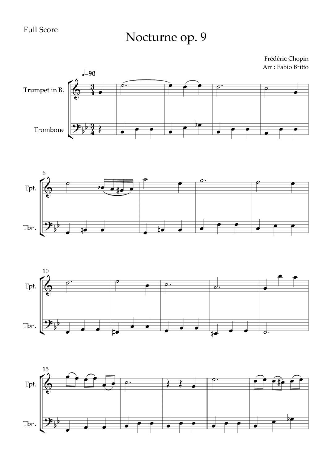 Nocturne Op.9 No. 2 (Frédéric Chopin) for Trumpet in Bb & Trombone Duo (arr. Fabio Britto)
