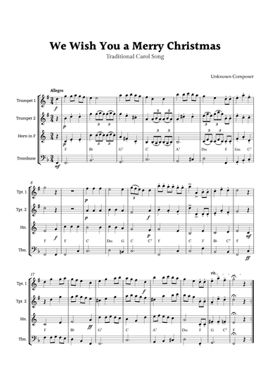 We Wish you a Merry Christmas for Brass Ensemble Quartet with Chords (arr. Rika K.)